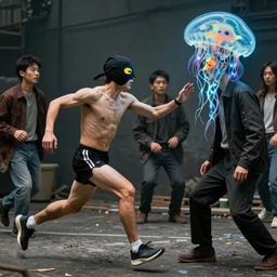 the masked runner can't catch the psychic man with a jellyfish head, photorealistic by michael komarck, greg rutkowski, victo ngai, artgerm, willem claesz heda and j. dickenson
