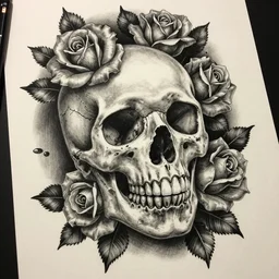 tattoo design, realistic drawing, shading, skull with roses around it, detailed