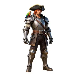 armored pirate captain with parrot, high detail digital art, full body, standing, isolated on a pure white background, centered, whole figure in frame, sharp focus, studio lighting