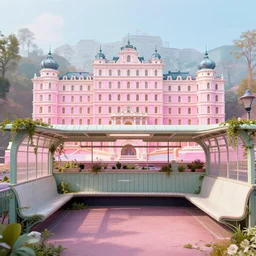 pastel colors, hd 8 k, abandoned, overgrown, vaporwave, subway station, at the grand budapest hotel