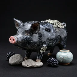 a pig - blackberry sculpture, obsidian and glass and pumice and japanese glazed pottery, lichen, black background, zen,
