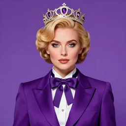 an elegant woman wearing a crown and a bow tie, golden hair, purple suit, purple background, very beautiful, artstation, high quality, sharp, by greg rutkowski, by artgerm, by alphonse mucha