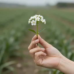 A hand in the fields, flowers sprouting from the fingertips