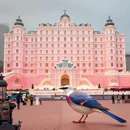 bird, the grand budapest hotel style composition