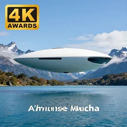 award winning photo of a patagonia lake. a white spaceship by zaha hadid and alphonse mucha is hovering peacefully over it. 4 k