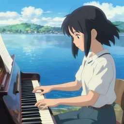 Anime girl playing piano on blue water, far away, landscape, Cushart Krenz, Shinkai Makoto, lots of details, highly detailed, 4k