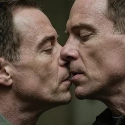 a still from breaking bad of Jesse Pinkman kissing Walter White, close-up, highly detailed skin