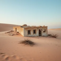 a ruined house half buried in the desert sand, hdr dslr photograph