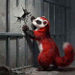 a digital painting of a red - and - black weasel / stoat fursona / furry ( character from the furry fandom ), scratching and chiseling on a prison cell wall in order to create cracks and impressions, embraced by blessed madness, the paint flows through the nooks and crannies of the partition, the art style of paul lehr gone dark