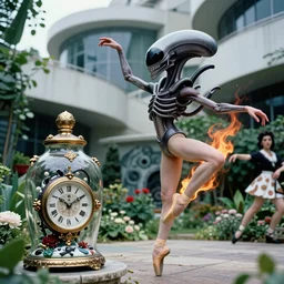 cinestill 5 0 d, 8 k, j. j abrams flare ; esoteric ultra realistic hublot cthulhu in kagemusha ( 1 9 9 0 ) film still garden dance scene in frontiers in porcelain photography fashion magazine june seinen manga portrait edition, hyperrealistic real - life xenomorph holly herndon porcelain occult timepiece in victorian glass jar, pointe pose, eye contact, tilt shift wide shot zaha hadid background