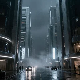 streetscape, futuristic buildings, brutalist architecture, steel, concrete, mist, night, dramatic lighting, rain, wet streets, white neon lights, neon signs, vehicles, pedestrians, syd mead, ralph mcquarrie, doug chiang, concept art, matte painting, realistically detailed, minimal artifacts, rule of thirds, dynamic lighting, cinematic, denoised, centered, artstation h 7 6 8
