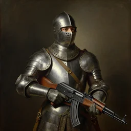 portrait painting of a medieval knight  holding a Ak-47  by George Stubbs, renaissance painting, oil painting, old master