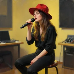 a girl wearing a red fedora hat singing in a studio, sitting on a stool, extremely detailed digital painting, in the style of fenghua zhong and ruan jia and jeremy lipking and peter mohrbacher, predominant colors are black and yellow, rim light, beautiful lighting, 8 k, raytracing, octane, trending on artstation