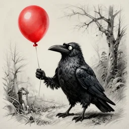 surrealism grunge cartoon sketch of a raven with a wide smile and a red balloon by - zdzisław Beksiński, loony toons style, horror theme, detailed, elegant, intricate