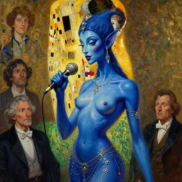 highly detailed oil painting of a blue djinni with a microphone very intricate, cinematic lighting, award - winning, the good spirit of god, by roberto ferri, by artgerm, tom bagshaw, by j. c. leyendecker and klimt, beautiful cinematic light, american romanticism, by austin osman spare, artstation, cgsociety, official art, octane