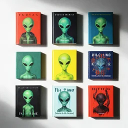 flatlay alien book collection, vivid colors, dramatic lighting, minimalist and clean