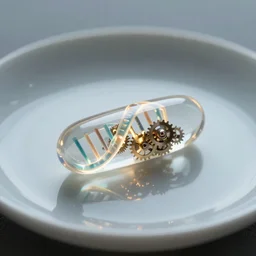 photo of a translucent pill with glowing dna helix and shiny gears inside, plate, 50mm, beautiful photo