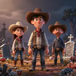 pixar surreal caricatures in a western coral theme, cemetery