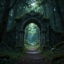 A magical portal standing in the middle of a forest leading into another world. Gloomy, forest at night. Stone archway portal, centralized. The portal leads into a sunny world. Highly detailed, trending on artstation.