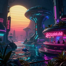 landscape by odile decq, futuristic bladerunner 2 0 4 9 synthwave sea fantasy neon noir sunlight scumm bar fisheye nightvision neon signs extraterrestial retrowave retro uv light cgsociety evil matte painting, archdaily, wallpaper, highly detailed, trending on artstation.