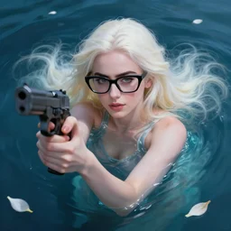 abeautiful + blonde + dragon queen + white hair + cool black glasses + holding a pistol + lily collins, floating under the deep dream water, beautiful smooth soft light + white petal, oil paint, cinematic lighting, octane render, unreal engine 5, closeup, 4 k, highly detailed, instagram,