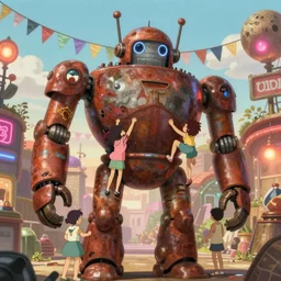 memorable animation key shot, anime movie screenshot, kids climbing up the giant bulbous rusty robot schwerer gustav!!!!, bunting, neon, dim lanterns, grafitti!!, hand, trash, reflections, ghibli, themepark, by mandy jurgens, by satoshi kon, ilya repin, lena aenami, shinji kimura, daylight pastel color palette