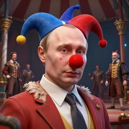 vladimir putin, is a jester, circus performance, red clown nose, fantasy 3 d render, masterpiece, by donato giancola and greg rutkowski and wayne barlow and zdzisław beksinski, realistic face