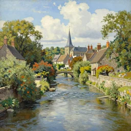 a river running through a medieval village, summer, beautiful colors, by warwick goble, kay nielsen, award winning, highly detailed
