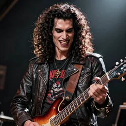 Rafael Albuquerque comic art, beautiful male vampire with long curly dark hair and a punk rock tee shirt, sharp vampire teeth, leather jacket and denim vest, symmetrical face, playing electric guitar