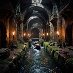 inside the ancient flooded sewers in the old part of the city. fantasy art, layers of architecture, adventure, wet, standing water, channel, canal, boat, lamp, running water, stream, channel, musty, moss, sewage, dark, underground, abandoned spaces, torch - lit. photograph by piranesi and thomas cole. colorized. velvia.