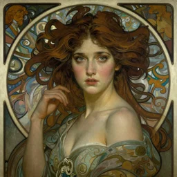 breathtaking detailed concept art nouveau painting of attractive Ashley Liao as the goddess of night, with anxious, piercing eyes, by Alphonse Mucha, Michael Whelan, William Adolphe Bouguereau, John Williams Waterhouse, and Donato Giancola, extremely moody lighting, 8K