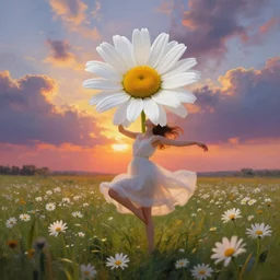 floating white daisy flower as head, girl dancing in a flower field, surreal photography, sunrise, dramatic light, impressionist painting, colorful clouds, digital painting, artstation, simon stalenhag