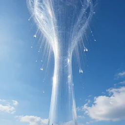 beautiful picture of a sunny blue sky with a magical vertical cylindrical tunnel of big upside-down raindrops floating quietly, highly-detailed, fantastic, dramatic lighting, artstation, 4k