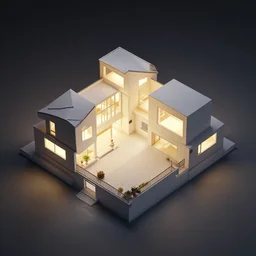 architectural model, isometric view, 3 d render, studio lighting, low contrast, brightly lit studio, highly detailed, house, stacked boxes, large windows, courtyard, garage