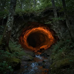 1 1 1 1 cave entrance surrounded by trees with a small water stream coming out of it, dark orange subtle glow, fantasy, highly detailed, art by greg rutkowski