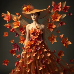 exclusive evening dress made of bronze transparent fabric fantasy with colored flower petals made of fabric. intricate asymmetrical patterns. an elegant hat. hyperrealistic photos, clear details.