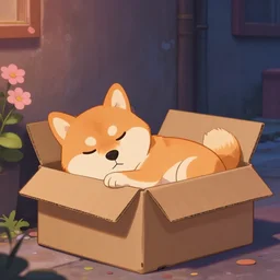 a Shiba Inu sleeping in a cardboard box at night time in an alley, Pixar and Disney animation, sharp, Rendered in Unreal Engine 5, anime key art by Greg Rutkowski, Bloom, dramatic lighting, sunrise