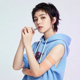 gorgeous tomboy with hoodie and bandage on her arms, vaperwave