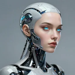 a woman turning into an Android portrait wearing a part cybernetic body, surrealism , scifi, intricate, elegant, sharp eyebrows, highly detailed cybernetic body, neon glowing eyes, digital painting, artstation, concept art, smooth, sharp focus, illustration, art by Artgerm and moebius and Peter Mohrbacher