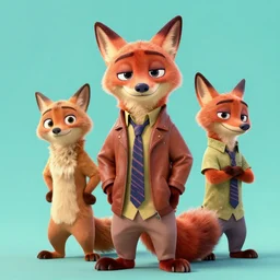 3 d render, anthropomorphic fox, male, in a brown leather maxi jacket, in the style of zootopia