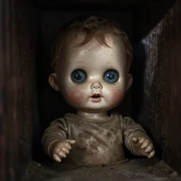 creepy old doll with huge eyes in the corner of dark closet, staring, tiny teeth, grasping hands, dusty, beam of light, 4k, DSLR photo
