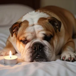 a closeup, 4 5 mm, portrait of a sleeping english bulldog in a bed, on a pillow, candle light, 4 5 mm, by franz lanting