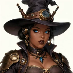 a detailed portrait illustration of a steampunk witch - gunslinger. beautiful obese black female face. blue asian eyes. goth chinese aesthetic. art nouveau, pop art, comic book style. influenced by neil gaiman, h. p. lovecraft, dan mumford, android jones, tim burton, killian eng, ross tran, mao hamaguchi.