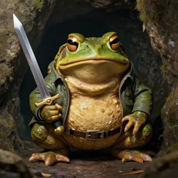 A giant toad wearing a jacket holding a sword underground
