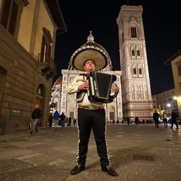 a fat guy dressed like a mexican play bandoneon in a street of firenze, wide angle, night, by jules bastien - lepage