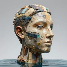 a long shot of a giant award winning sculpture of a human head made out of different materials, in the style of chad knight, hyper detailed, hyper realistic, ray tracing, 8 k resolution, sharp focus, realistic water
