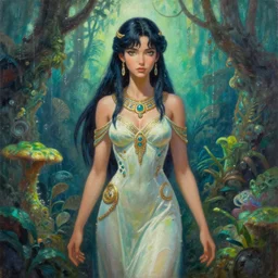 aztec scifi princess of the lichen rainforest, wearing a lovely dress. this oil painting by the award - winning mangaka has an interesting color scheme, plenty of details and impeccable lighting.