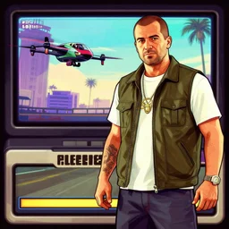 illustration gta 5 artwork of mr steele fpv pilot, in the style of gta 5 loading screen, by stephen bliss