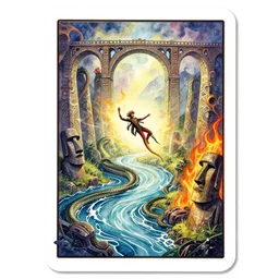 dixit card, twisted waterway, aqueducts, focal point, character falling, snake, fire, moai, dark fantasy. intricate, amazing composition, colorful watercolor, by ruan jia, by maxfield parrish, by shaun tan, by yoshitomo nara, by escher, by gigier illustration, dream, storm, lightning, volumetric