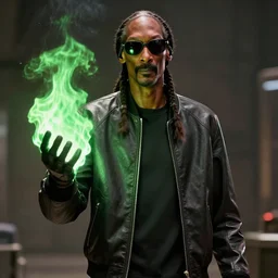 cinematic film still of Snoop Dogg starring as a futuristic Marvel Super Hero holding green fire, 2022